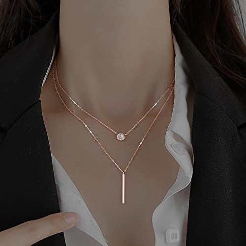 POYAMUSE Elegant Layered Gold Necklace for Women - Double Layered with Cubic Zirconia Pendant and Geometric Bar Charm Stacked Necklace for Women