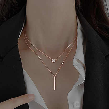 POYAMUSE Elegant Layered Gold Necklace for Women - Double Layered with Cubic Zirconia Pendant and Geometric Bar Charm Stacked Necklace for Women