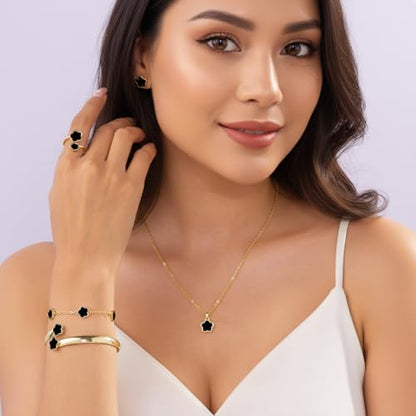 Clover Jewelry Set for Women Non Tarnish Gold-Tone Five Leaf Clover Necklace, Earrings, Ring, Bracelet Fashion Simple Floral Jewelry Set - color: Black