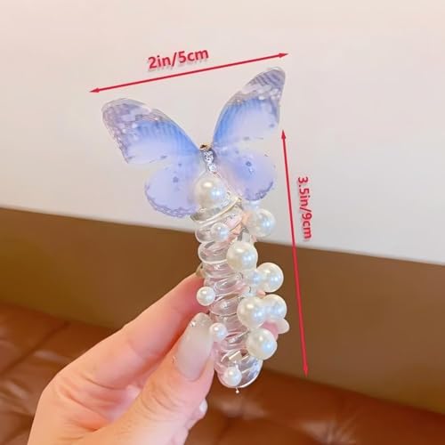3 Pack Butterfly Spiral Hair Ties, Faux Pearl Coil Ponytail Holders for Girls Kids Hair Accessories