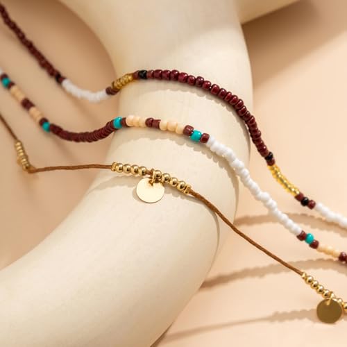 Qceasiy Starfish Ankle Bracelets for Women, Boho Beaded Beach Anklets Set | Gold-plated layered anklets in seashell, disc, and conch styles, with stretch or adjustable fits for summer beach outfits. - color: Brown 1
