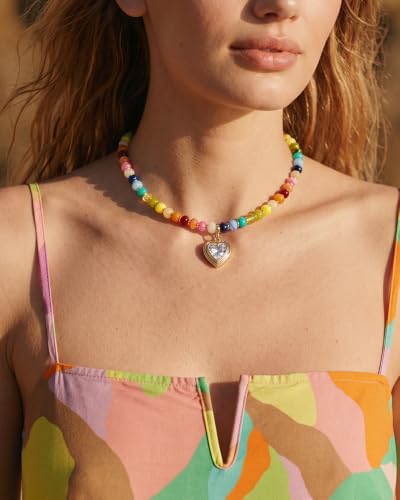 Boho Beaded Choker Necklaces for Women with A Gold Heart CZ - color: Colorful