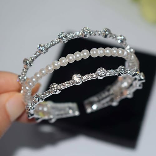 Triple-Row Open Cuff Bracelet for Women with Faux Pearl Center and Crystal-Set Metal Bands, Adjustable Bangle for Wedding and Daily Wear - color: SL-1325 Gold
