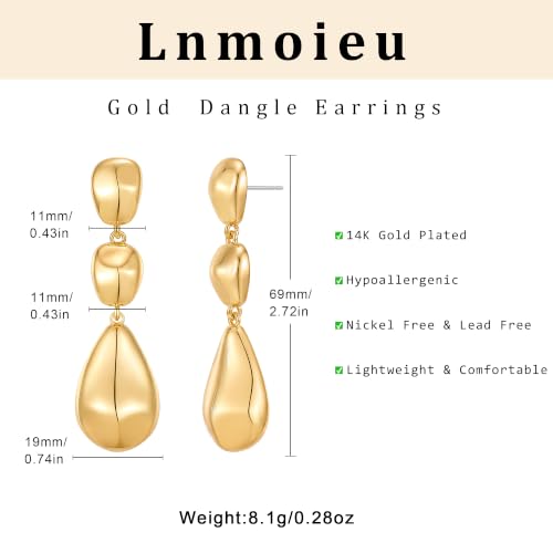 Gold Dangle Earrings for Women,Chunky 14K Gold Plated Drop Dangle Stud Earrings Long Statement Hammered Earring Hypoallergenic Jewelry for Women Gifts - style: Teardrop-GD