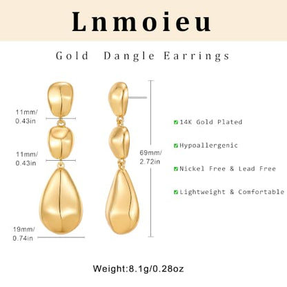 Gold Dangle Earrings for Women,Chunky 14K Gold Plated Drop Dangle Stud Earrings Long Statement Hammered Earring Hypoallergenic Jewelry for Women Gifts - style: Teardrop-GD