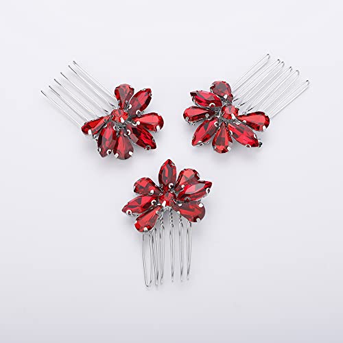 Teyglen Simple Rhinestones Crystal Bride Wedding Hair Comb Set Handmade Red Blue Black Crystal Side Hair Combs Bridal Hair Jewelry Set for Women Bride Girls (Red) - color: Red