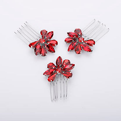 Teyglen Simple Rhinestones Crystal Bride Wedding Hair Comb Set Handmade Red Blue Black Crystal Side Hair Combs Bridal Hair Jewelry Set for Women Bride Girls (Red) - color: Red