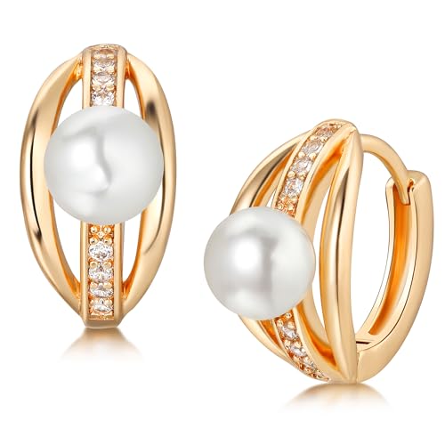 DREMMY STUDIOS Gold Dainty Huggie Hoop Earrings 18K Gold Plated Exquisite Open Tassel Dangle Charm Drop Sleeper Geometric Cross Coin Star Heart White CZ Simple Hypoallergenic Earrings for Women - color: Pearl Hoop