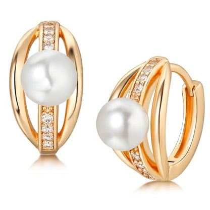 DREMMY STUDIOS Gold Dainty Huggie Hoop Earrings 18K Gold Plated Exquisite Open Tassel Dangle Charm Drop Sleeper Geometric Cross Coin Star Heart White CZ Simple Hypoallergenic Earrings for Women - color: Pearl Hoop