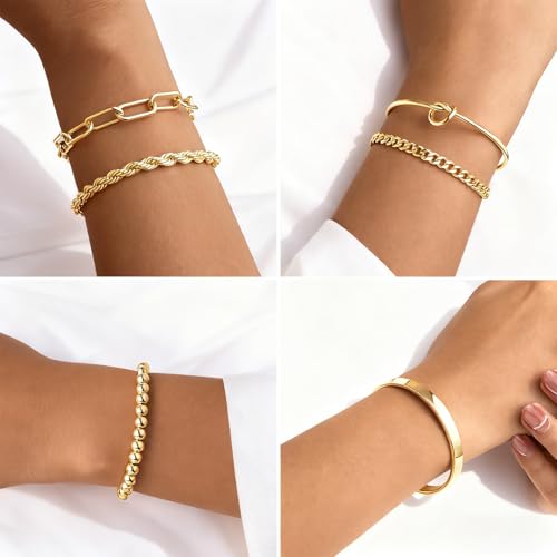 Gold Bracelets for Women, 5 Pcs Non-Tarnish Gold Plated Stackable Bangles with Beaded, Knot, Twisted, Cuff & Chain Designs, Everyday Jewelry Gifts - color: Gold-5pcs