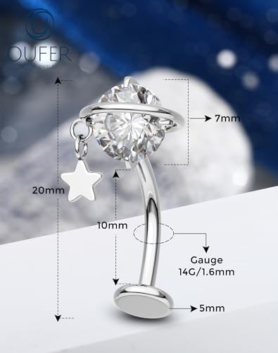 OUFER 14G Teardrop Dangle Belly Button Ring Implant Grade Titanium CZ Internally Threaded Navel Ring 10mm Bar Length Belly Piercing Jewelry Hypoallergenic Body Jewelry for Women