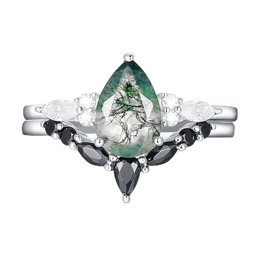 Moss Agate Bridal Wedding Rings Set for Women 925 Sterling Silver | Plated Platinum/Black Gold, Gothic, Vintage, Engagement Promise Ring, Anniversary Valentine Day Birthday Gift for Her - style: Platinum Plating Retro Cluster Ring