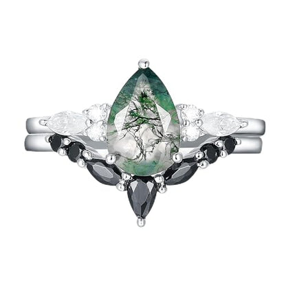 Moss Agate Bridal Wedding Rings Set for Women 925 Sterling Silver | Plated Platinum/Black Gold, Gothic, Vintage, Engagement Promise Ring, Anniversary Valentine Day Birthday Gift for Her - style: Platinum Plating Retro Cluster Ring