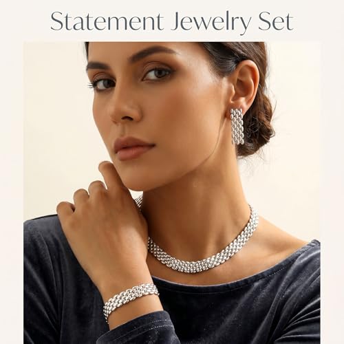 Chunky Gold Jewelry Sets for Women 14K Gold Plated Necklace Earrings Bracelet Set Cuban Link Thick Choker Necklace Punk Statement Necklaces Earrings Bracelet Set Fashion Jewelry Gift for Women - color: Silver