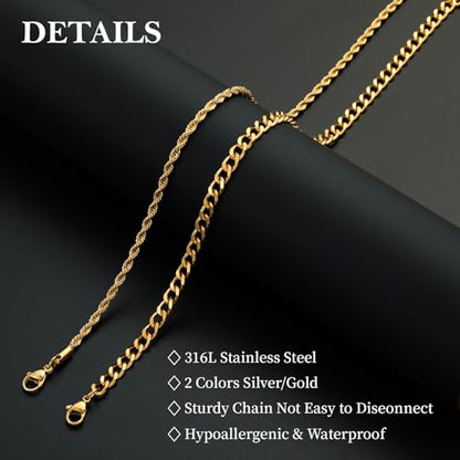 Layered Stainless Steel Chain Necklaces for Men Boys, 2Pcs Cuban Link/Rope/Herringbone Chains Jewelry Gifts, 16 "/18 ", 18 "/20 ", 20 "/22 ", 22 "/24 " - color: Gold, size: 20IN/22IN, style: Cuban/Rope Chain Set