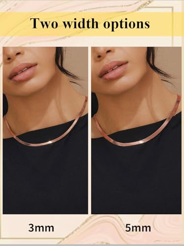 ChainsHouse Flat Snake Chain Herringbone Choker Necklace for Women, Stainless Steel/Rose Gold/18K Gold Plated Dainty Adjustable Simple Short Layered Necklaces, 12"/15"/18" with 3.5" Extender - color: a. rose gold-5mm