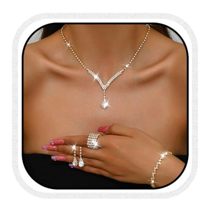 Bridal Wedding Jewelry Set Silver Rhinestone Necklace Earrings Sets Formal Costume Jewelry for Women and Brides - color: C-4 Pack Gold Necklace Bracelet Rings Earrings