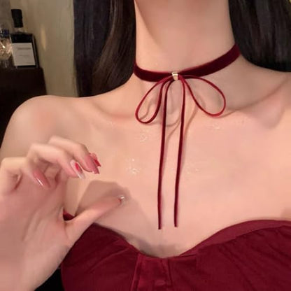 Bow Necklace for Women Red Bow Choker Black Ribbon Necklace Pearl Velvet Lace Necklaces Cute BowKnot Necklaces for Christmas Gifts - color: red A