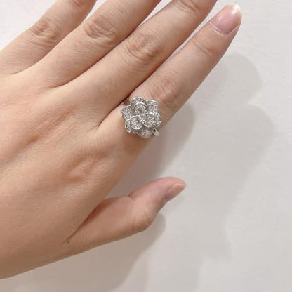 Crystal Rose Flower Spinner Fidget Open Statement Ring for Women CZ Floral Rotated Relief Anxiety Stacking Finger Rings Wedding Engagement Promise Bands Dainty Birthday Jewelry for Adjustable - color: Silver