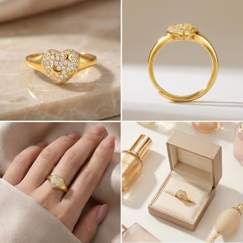 925 Sterling Silver Adjustable Rings for Women 14K Gold Plated Thumb Rings | Stackable Statement Eternity Rings Dainty Starfish Star Moon Heart Lucky Open Ring Trendy Jewelry Birthday Gifts for Ladies - color: Gold Heart Ring