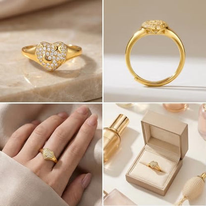 925 Sterling Silver Adjustable Rings for Women 14K Gold Plated Thumb Rings | Stackable Statement Eternity Rings Dainty Starfish Star Moon Heart Lucky Open Ring Trendy Jewelry Birthday Gifts for Ladies - color: Gold Heart Ring