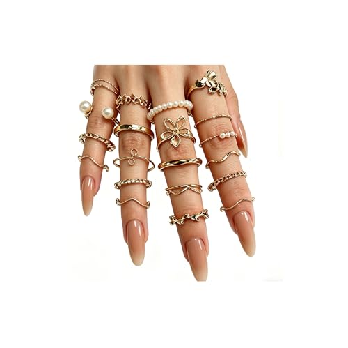 Chunky Gold Rings for Women Non Tarnish, Baroque Pearl Flower Tiger's Eye Stone Rings Adjustable Stacking Statement Rings Set Fashion Jewelry Gifts - style: Handmade/flower/small pearl