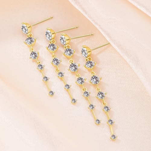 2 Pairs Long Diamond Dangle Tassel Earrings for Women | 14K Gold Silver Plated, Dainty Diamond Crystal Drop Earring, Small Cz Statement Dangly, for Wedding Bridesmaid, Jewelry Gifts - color: 2 Pairs Gold