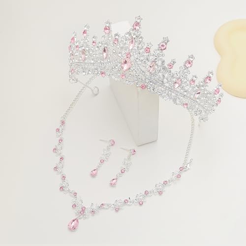 Crystal Crown Jewelry Set for Women Bride Queen Tiara Earrings and Necklace | Metal Royal Crown Costume Jewelry Set Wedding Prom Quinceanera Party Pageant Halloween Retirement Christmas Birthday Gift - color: Silver Pink