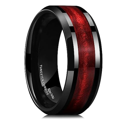 King Will Mens Galaxy Tungsten Wedding Band | 6mm/8mm, Beveled Edge, Comfort Fit, Durable, Sandstone Opal Inlay Polished, Everyday Wear - color: Black&Red