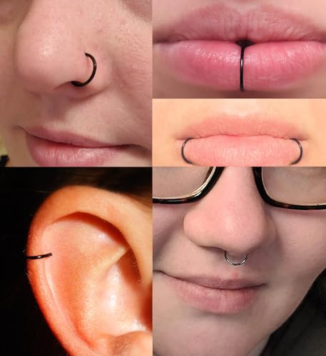 QWALIT Fake Nose Ring Fake Lip Piercing Fake Lip Ring Fake Nose Ring Hoop Fake Snake Bites Fake Lip Piercings Faux Lip Rings Fake Nose Piercing Clip on Nose Ring Spring - color: A1-stick on stud+hoops-silver/black