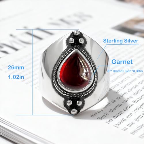 Natural Waterdrop Stone Wide Band Ring,Sterling Silver Genuine Teardrop Crystal Quartz Gemstone Statement Wide Chunky Full Finger Band Ring for Women - color: A01_Garnet