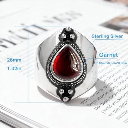 Natural Waterdrop Stone Wide Band Ring,Sterling Silver Genuine Teardrop Crystal Quartz Gemstone Statement Wide Chunky Full Finger Band Ring for Women - color: A01_Garnet