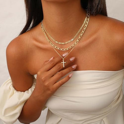 Layered Gold Cross Necklaces for Women, Stack Stackable 14K Gold/Silver Plated Cubic Zirconia Pendant Necklace Set Dainty Choker Layering Necklaces for Women Faith Jewelry Religious Gift - style: Gold-1