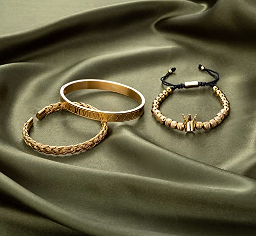 WFYOU 3PCS Stainless Steel Imperial Crown Bracelets for Men Gold Roman Numeral Bangle Bracelet Adjustable Cuff Bracelet Mens Luxury Jewelry Gifts - style: 10:Gold- Crown