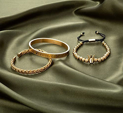 WFYOU 3PCS Stainless Steel Imperial Crown Bracelets for Men Gold Roman Numeral Bangle Bracelet Adjustable Cuff Bracelet Mens Luxury Jewelry Gifts - style: 10:Gold- Crown