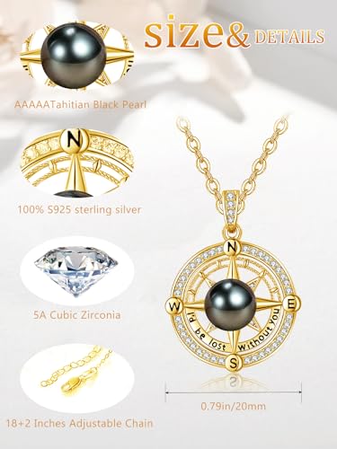 AAAAA Tahitian Black Pearl Compass Necklace For Women,925 Silver Jewelry,Valentines Wedding Anniversary Birthday Gifts for Her Wife Mom Daughter Grandma Sister