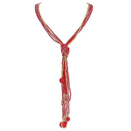 Coiris Long Seed Beaded Multi Strand Necklace,10 Multiple Statement Long Bib Necklace with Tie Knot for Women and Girls Jewelry - color: Red