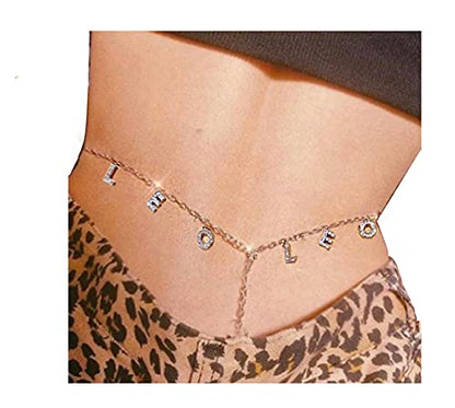 Women Sexy Rhinestone Waist Body Chain Crytal Sexy Letter Pendant Belly Waist Chain T-string Thong Body Jewelry - color: Leo Letter