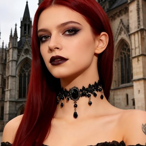 Black Choker for Women, Adjustable Layered Velvet Leather Lace Collar necklace, Goth necklace Gifts - color: Black Crystal