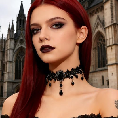 Black Choker for Women, Adjustable Layered Velvet Leather Lace Collar necklace, Goth necklace Gifts - color: Black Crystal