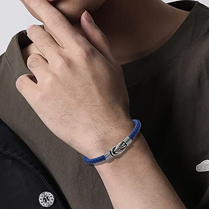 Geoffrey Beene Men's Braided Genuine Leather Knot Bracelet with Stainless Steel Closure - color: Blue