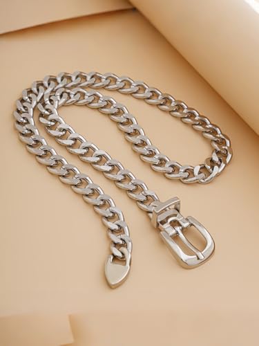 Cuban Link Chain Necklace Punk Belt Buckle Shaped Chunky Choker Necklace Statement Thick Chain Necklace Jewelry Gifts for Women Men - color: Style1-silver-long