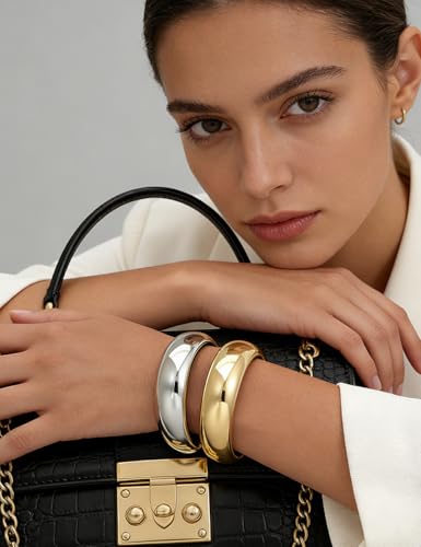 Chunky Gold Bangle Bracelets for Women, Dainty 14k Gold Plated Big Stackable Bangles Set, Trendy Statement Cuff Bracelet Stack Fashion Jewelry Gifts - style: 2 Silver & gold chunky bangles