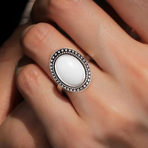 Natural Oval Stone Boho Ring,Retro Antique S925 Sterling Silver Crystal Quartz Gemstone Bohemian Statement Handmade Ring Jewelry for Women Her - color: B10_White Jade