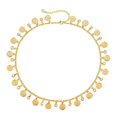 MTMY Beaded Necklaces for Women 14K Gold Plated Dainty Colorful Green/Rose Beaded Pearl Choker Necklace Delicate Boho Choker Necklace Jewelry Gift - style: Coin cz tassel