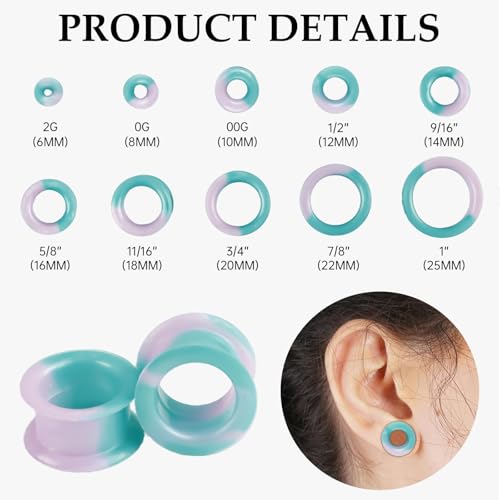 20Pcs Silicone Ear Gauges 2G-25mm Flexible Ear Tunnels Gauges Soft Expander Stretching Ear Plugs Tunnels Black Earring Piercings Jewelry for Men Women - color: Thick Light Green Silicone