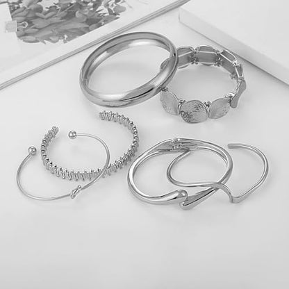 ILGANT Gold Bangle Bracelets for Women Gold Plated Chunky Cuff Bangle Bracelet Stackable Multi Layer Bangles Fashion Jewelry Set - color: Silver Bracelets