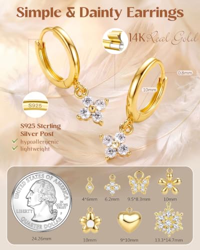 FIBO STEEL 14K Gold Plated Hoop Earrings with Charms for Women Huggie Hoops | Hypoallergenic 925 Sterling Silver Post Dangle Earrings Small Silver Gold Hoops Earring Cubic Zirconia Dangle Drop Jewelry - color: Clover - 14K Gold Plated