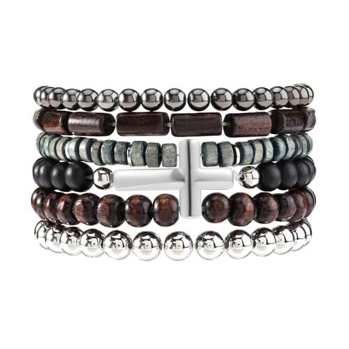 Mens Beaded Bracelets Tribal Wooden Elastic Adjustable Prayer Beads Wrap Cuff for Women - color: M: 6pcs