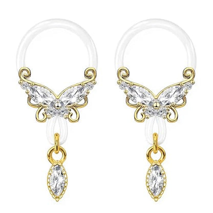 2 Pcs Butterfly Fake Nipple Rings for Women, CZ Nipple Noose Nipple Jewelry Non Piercing Dangle Nipple Ring, Non Pierced Nipple Body Jewelry - color: gold